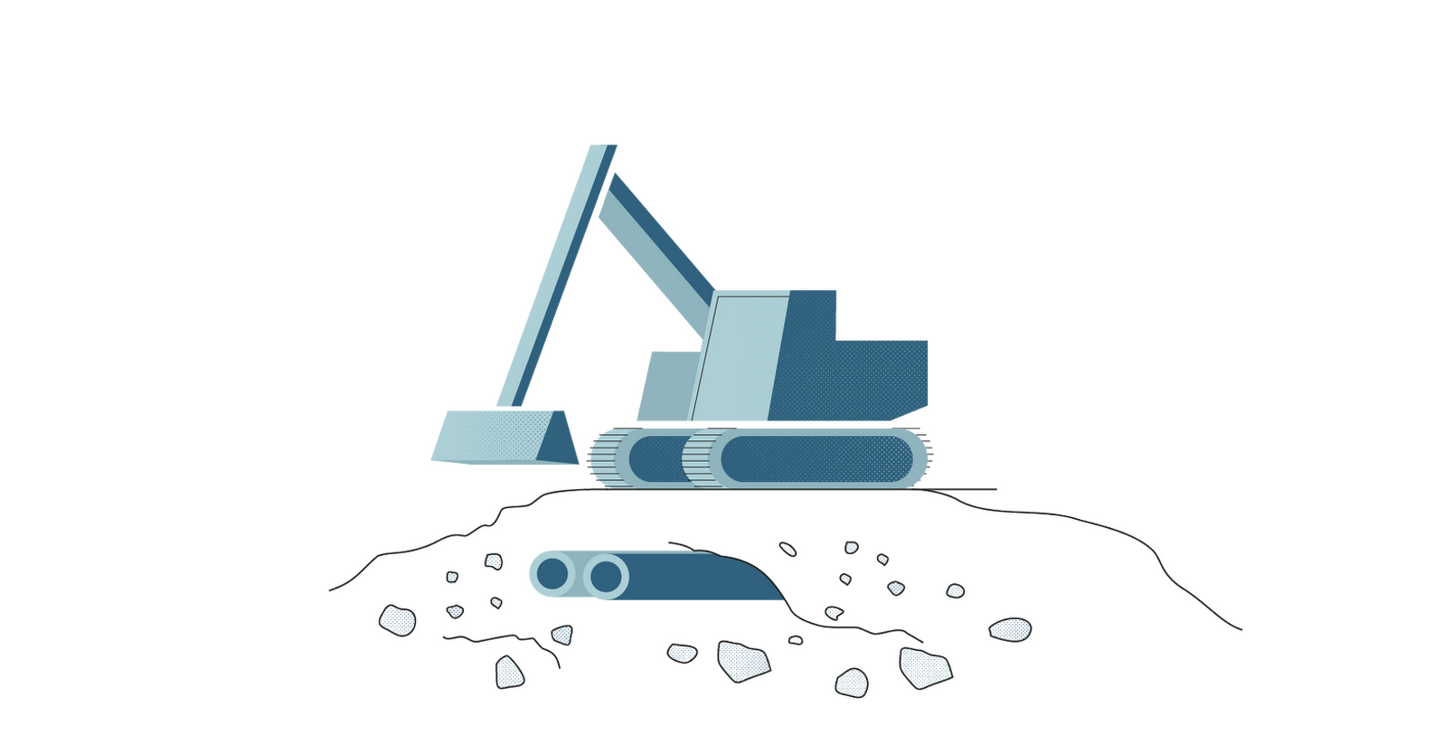 Illustration av en grävmaskin som gräver upp en väg där vattenrören ska renoveras eller bytas.
